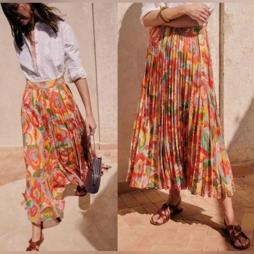Sezane Dilo Jupe 70s Floral Pleated Midi Skirt Bright Artsy Boho Sz FR 36 US SM - Picture 3 of 9